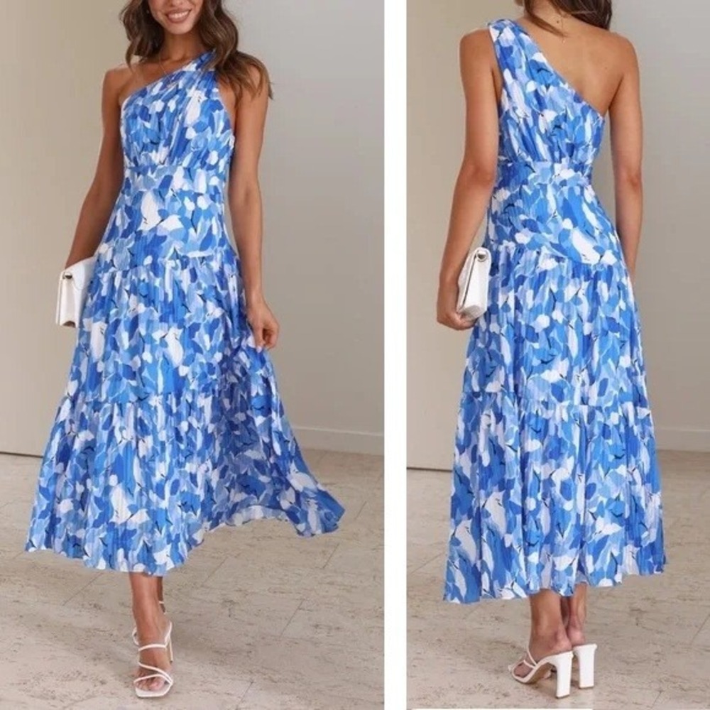 NWT Billy J Jayma Maxi Dress Size 10 Blue Floral One Shoulder Tiered Summer